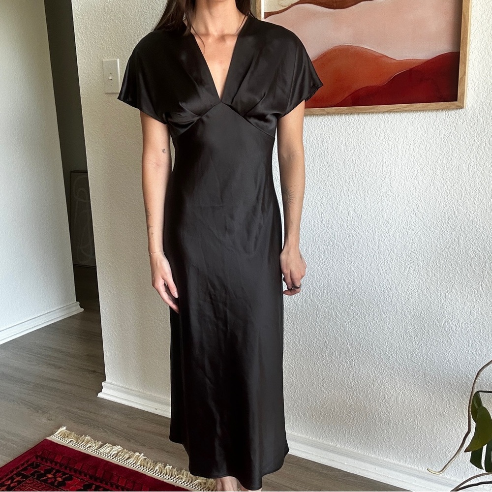 Zara Black Satin Effect Elegant Midi Dress Size M NWT